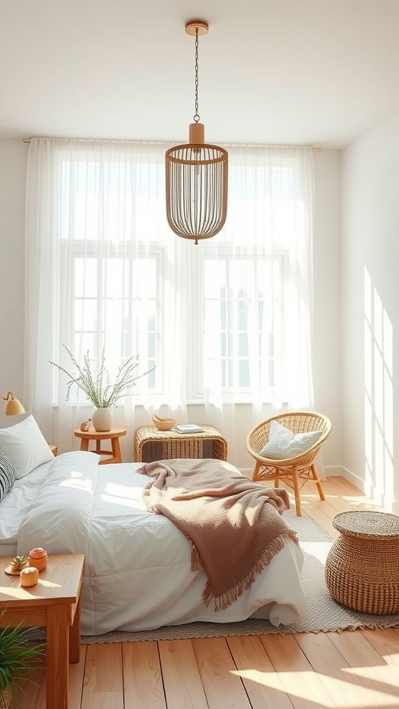 A Scandinavian boho bedroom with large windows, light wood floors, and natural decor elements