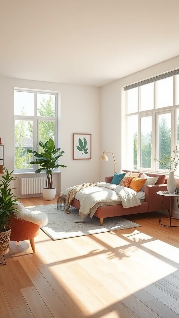 Bright one-bedroom apartment with large windows, plants, and cozy furniture.