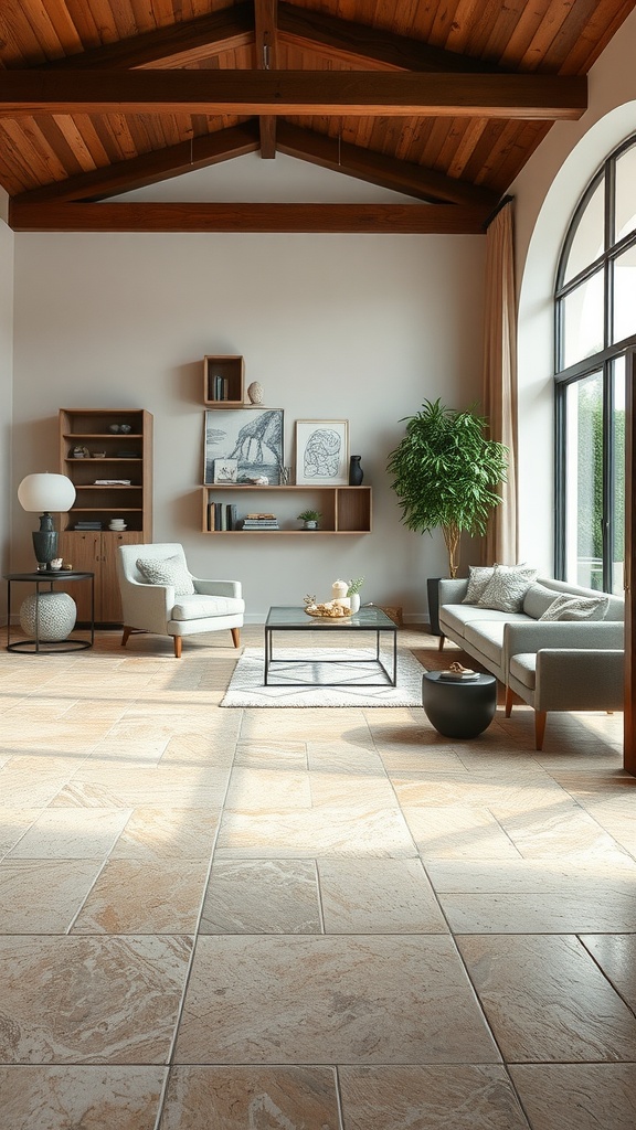 A living room with natural stone flooring, wooden ceiling beams, and modern furniture.