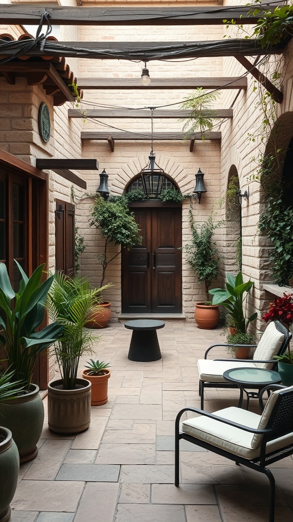 A Mediterranean courtyard garden with stone walls, wooden beams, and potted plants.