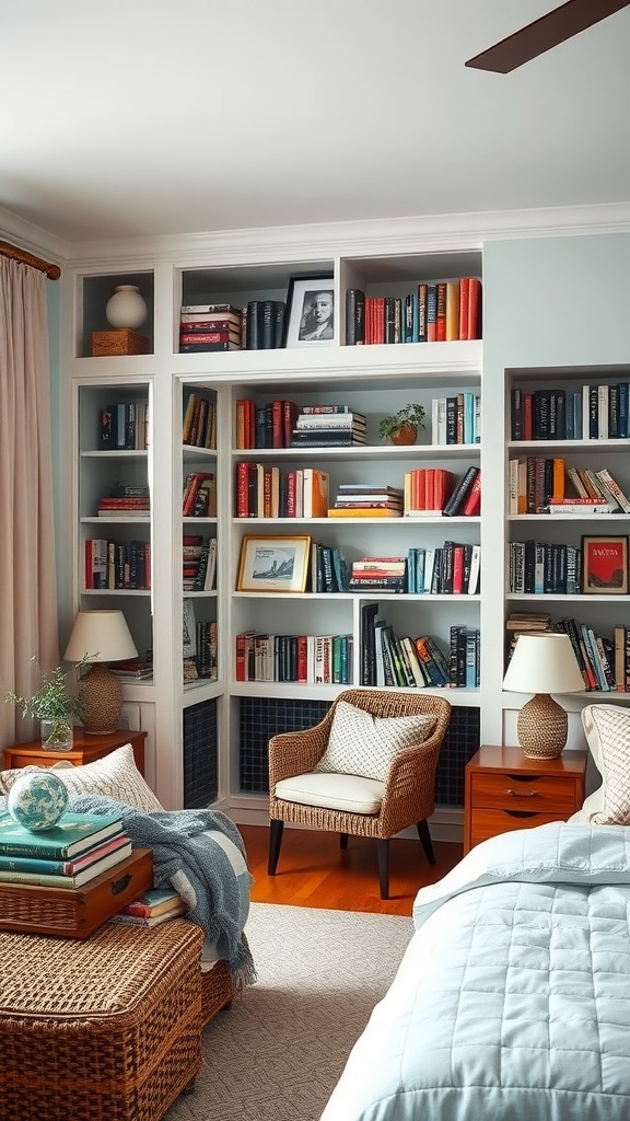 Cozy bedroom with a corner bookshelf, wicker furniture, and decorative items