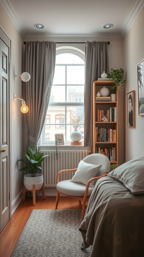 Cozy corner in a small apartment with a chair, bookshelf, and window