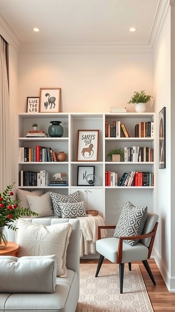 Cozy living room with a stylish bookshelf in a corner, featuring books, decorative items, and plants.