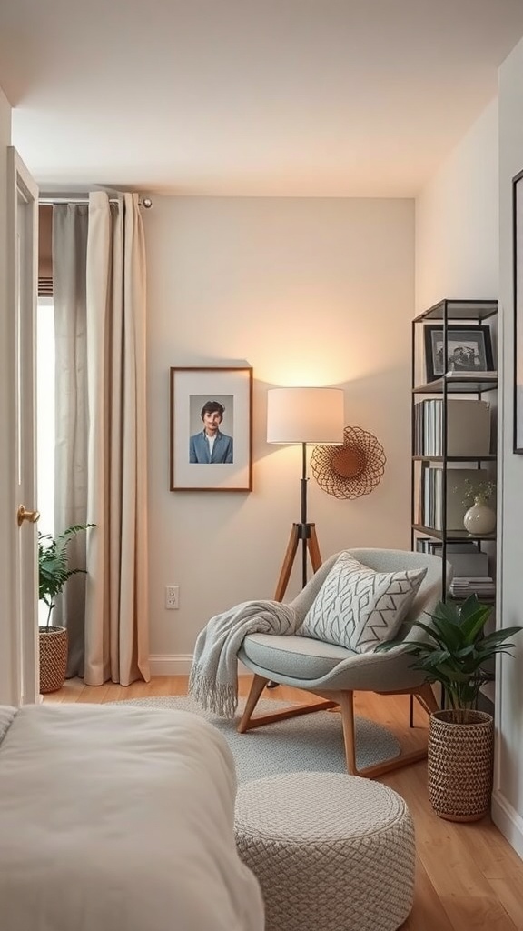 Cozy reading nook with a chair, lamp, and plants in a small apartment