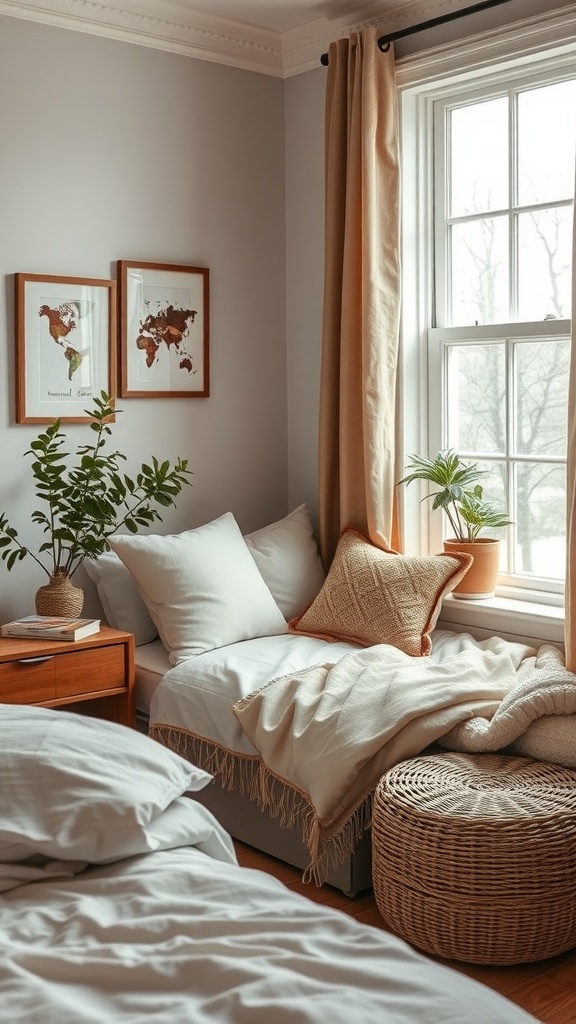 Cozy bedroom nook with cushions, a side table, and plants, perfect for reading and relaxation.