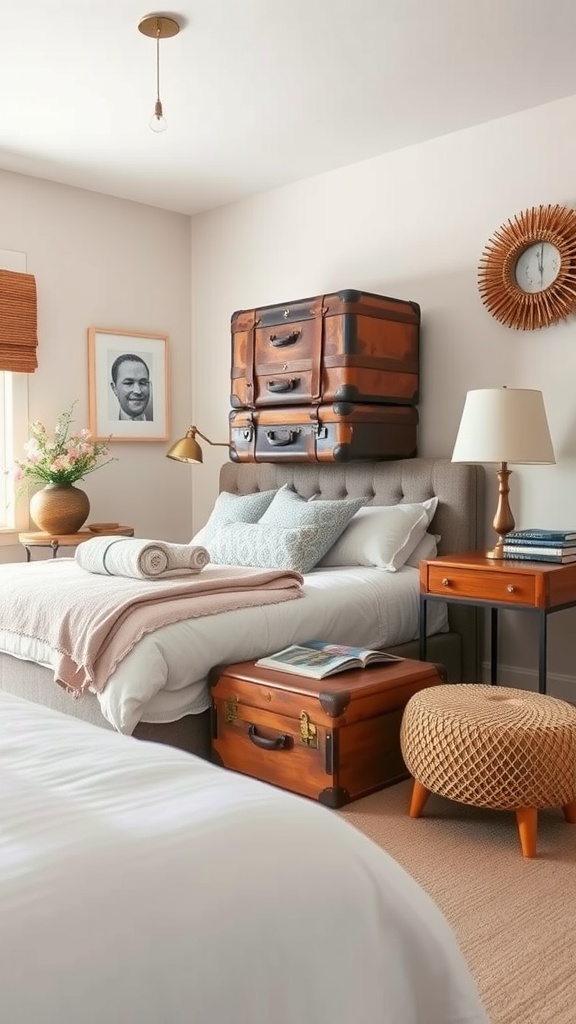 A cozy bedroom featuring stacked vintage suitcases for storage.