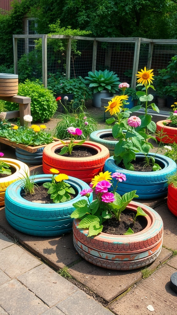 Colorful old tires used as planters in a garden
