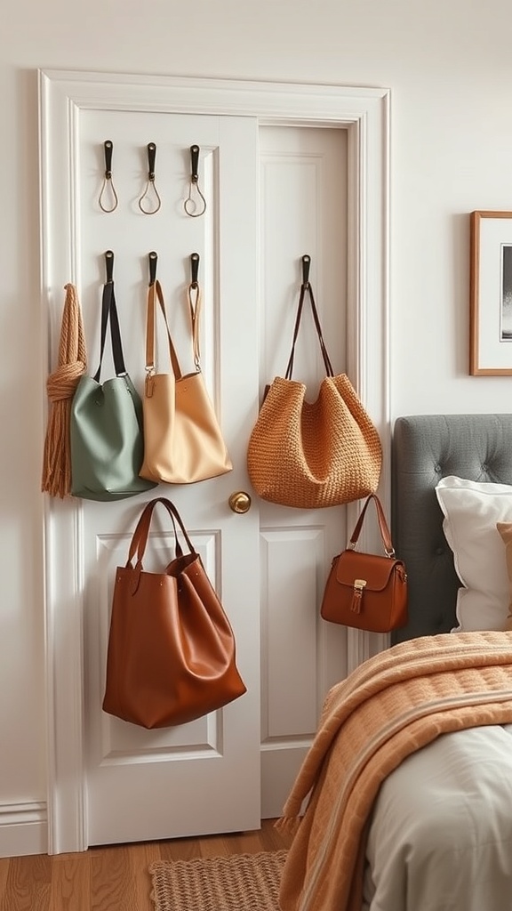 A door with over-the-door hooks displaying various bags in a bedroom setting.
