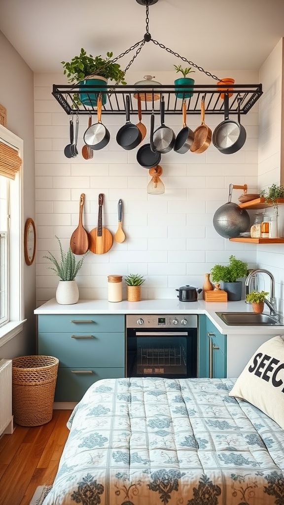 A small kitchen with an overhead pot rack displaying pots, pans, and plants.