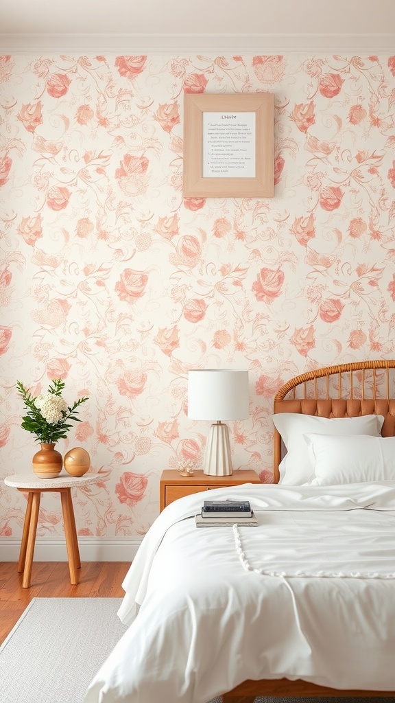 A cozy pastel-themed bedroom featuring floral wallpaper, a wooden bed, and a small side table with decor.