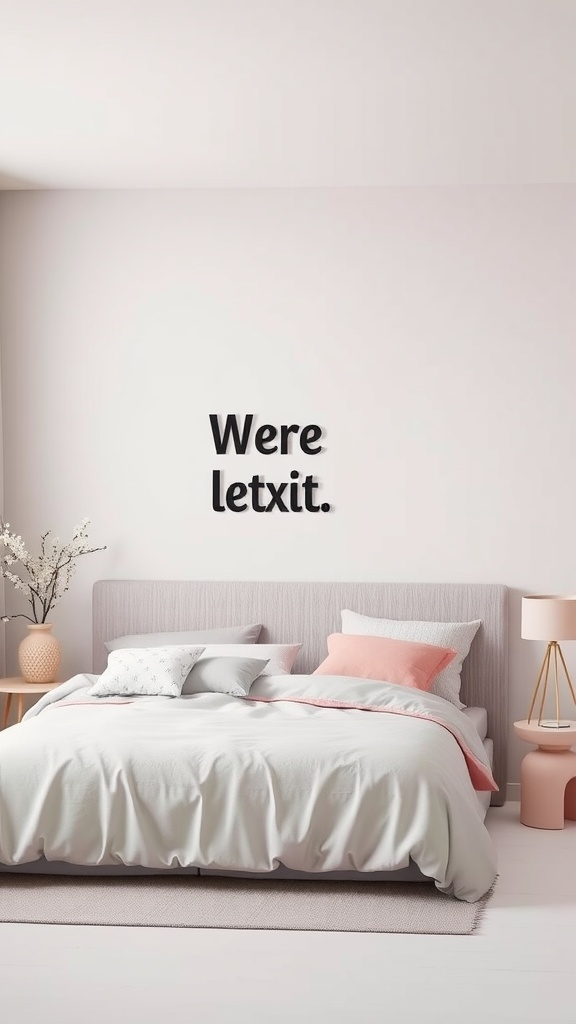 A minimalist bedroom featuring a light grey headboard, white bedding, pink accessories, and a simple wall art.