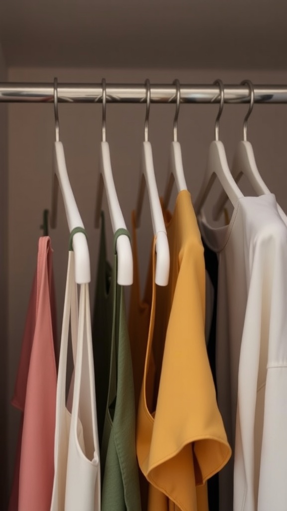 An organized closet with slim hangers displaying various colorful tops.