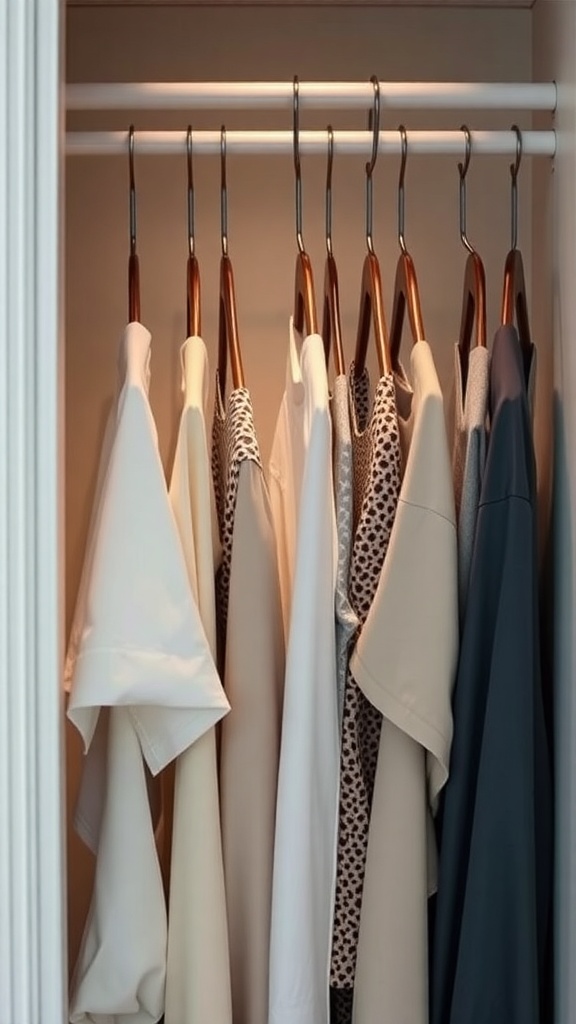 A small closet with neatly organized clothes hanging on slim hangers.