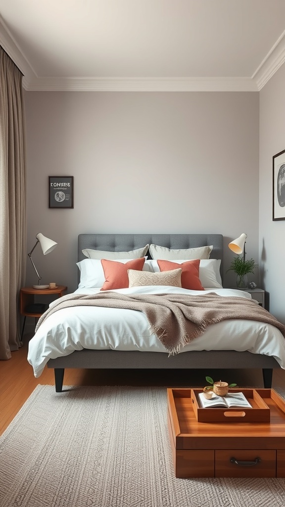 Cozy bedroom with a neatly made bed, decorative pillows, and warm lighting.