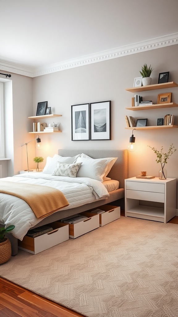 A cozy bedroom with smart storage solutions, including under-bed drawers and floating shelves.