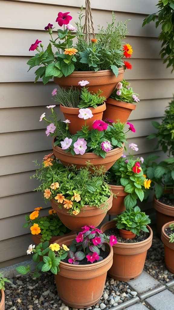 A stacked planter arrangement with vibrant flowers and herbs.