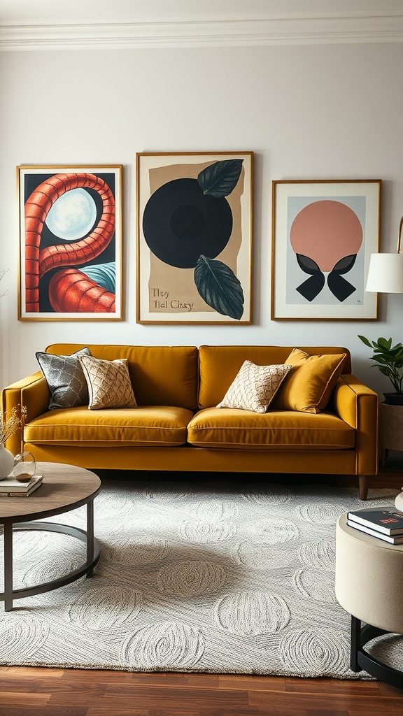 Living room featuring an olive green couch with statement art pieces on the wall