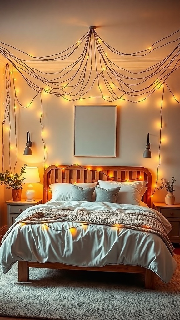 A cozy bedroom with string lights draped on the wall, creating a warm atmosphere.