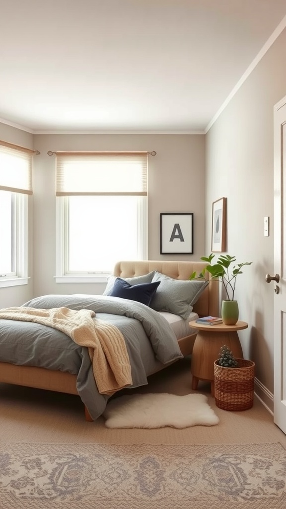 Cozy small taupe bedroom with light bedding and natural light