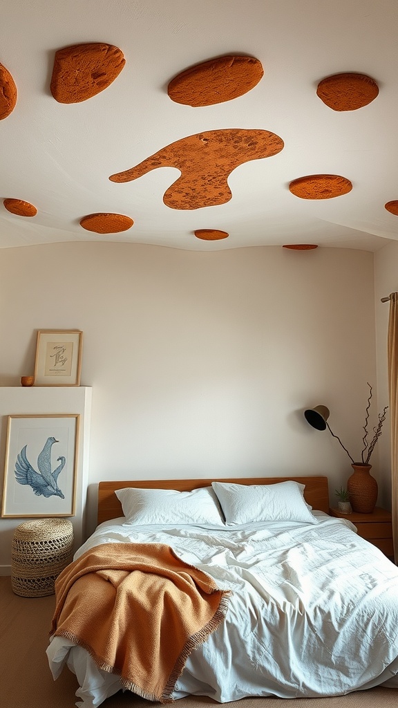 A cozy bedroom featuring a terracotta design on the ceiling with textured shapes, complemented by soft bedding and warm decor.