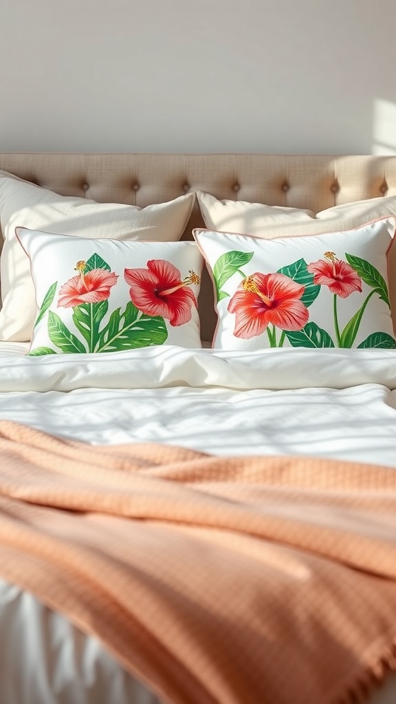 A cozy bedroom featuring pillows with hibiscus flower designs and a soft orange blanket.