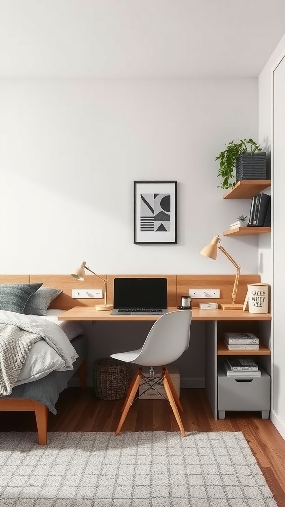 A modern bedroom featuring a desk and organized under-bed storage