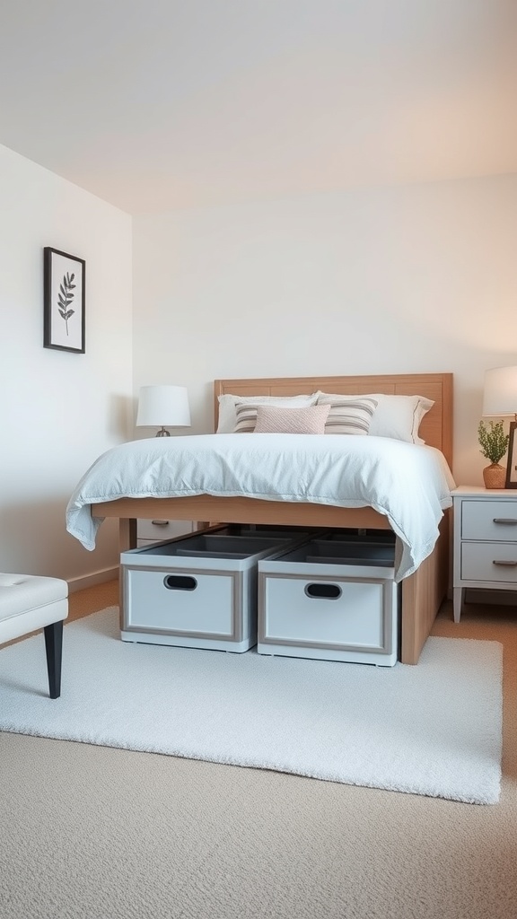 A cozy bedroom featuring a bed with under-bed storage drawers, a bedside lamp, and a small plant.