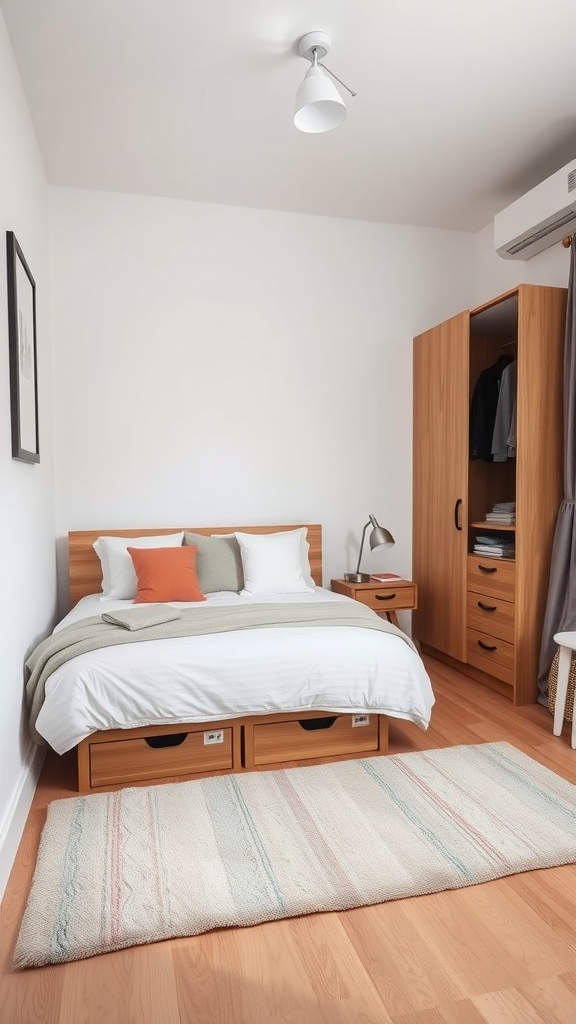 A small bedroom featuring a bed with under-bed storage drawers, a wardrobe, and a simple decor.