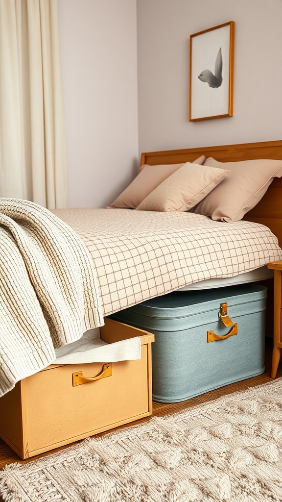 A cozy bedroom with a bed and colorful under-bed storage bins.