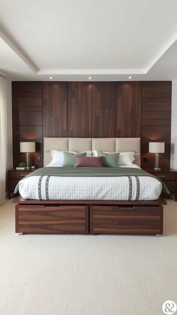 A king bed with integrated under-bed storage drawers in a modern bedroom