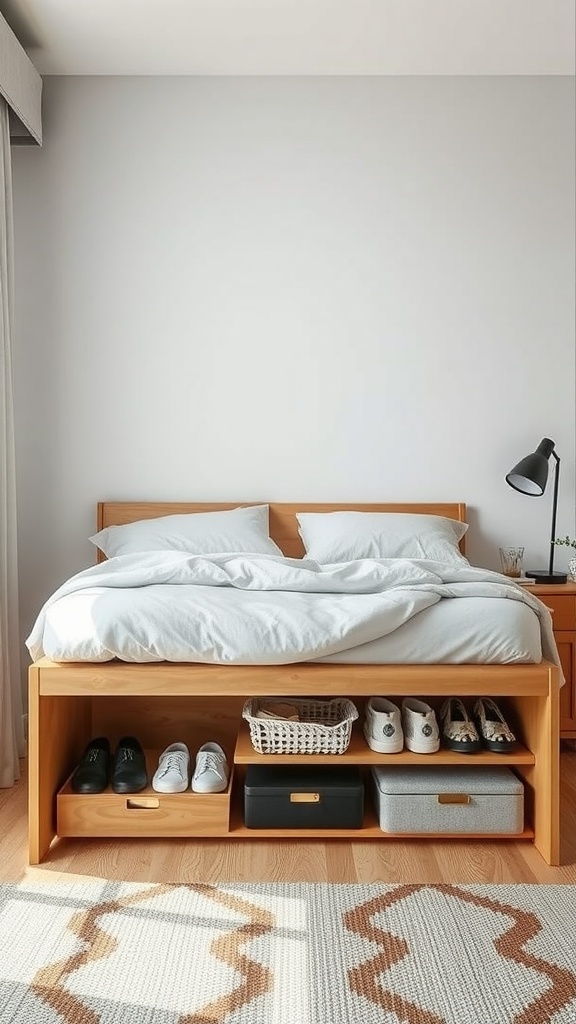 A bedroom featuring a wooden bed with under-bed storage displaying shoes and baskets.