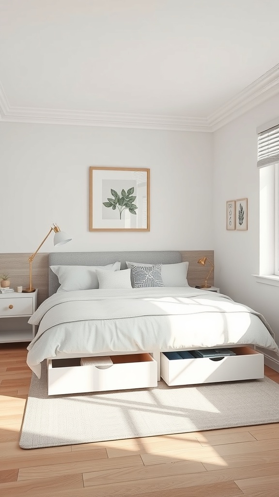 A small rectangular bedroom featuring a bed with under-bed storage drawers, a nightstand, and a lamp.