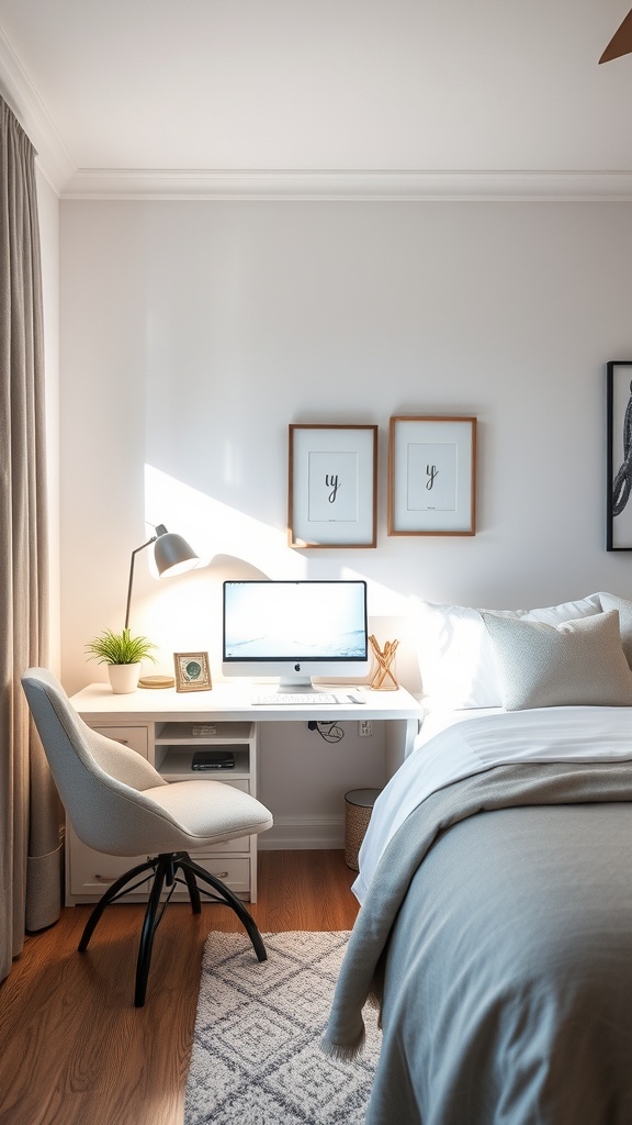 A small home office with a desk, computer, and under-desk storage.