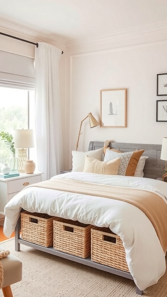 A small bedroom featuring a dresser with woven baskets underneath for storage.