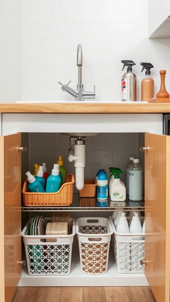 Organized under-sink storage with cleaning supplies and baskets