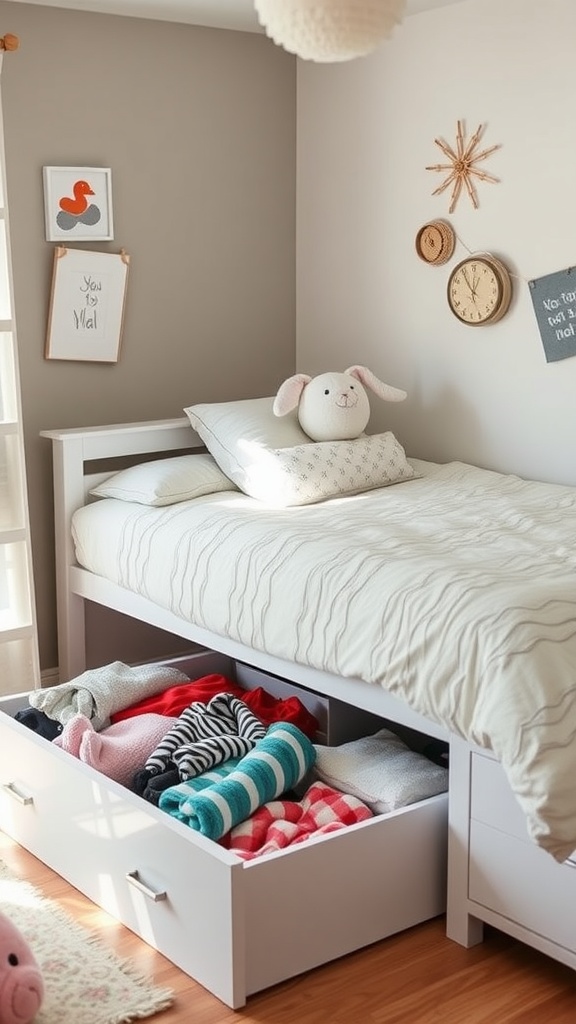 A cozy bedroom with a bed featuring drawers under it, filled with neatly folded colorful clothing.