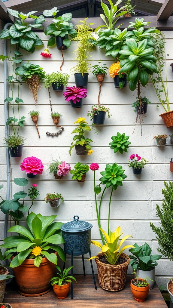 A vertical garden wall featuring an array of potted plants in different shapes and colors.