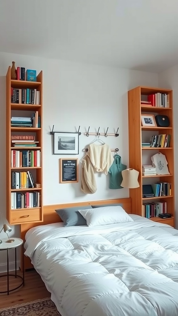 A cozy bedroom featuring tall bookshelves, hooks for hanging clothes, and a neatly made bed.