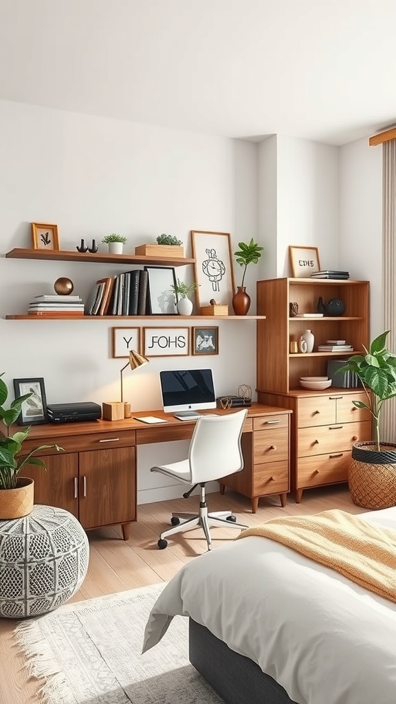 A cozy bedroom office combo featuring a desk, shelves, and plants.