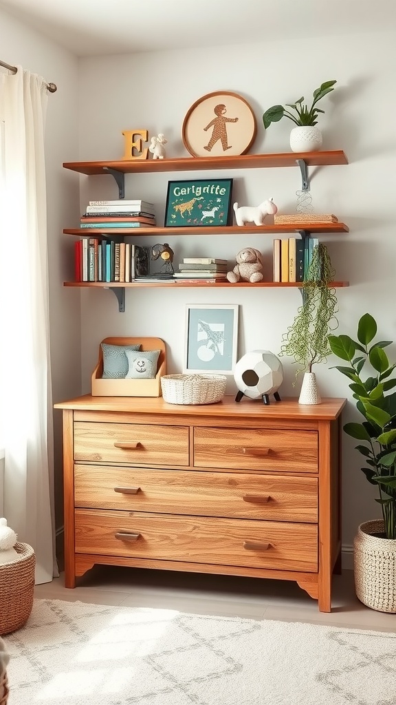 A nursery dresser with floating shelves above, featuring books, toys, and decorative items.