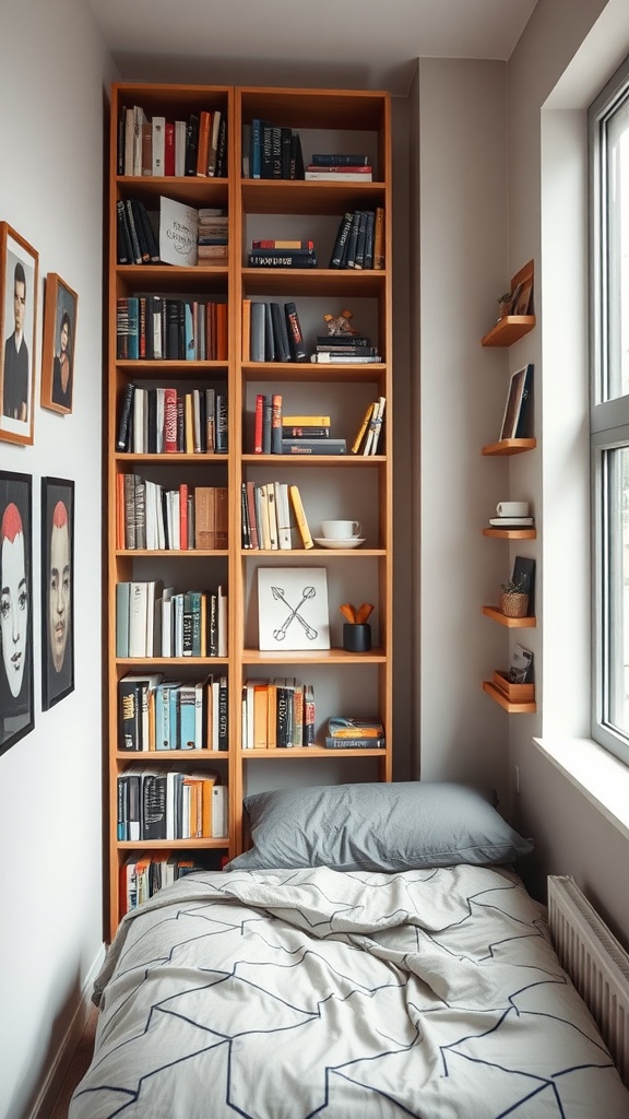 A narrow bedroom featuring a tall bookshelf filled with books, decorative items, and floating shelves above a bed.