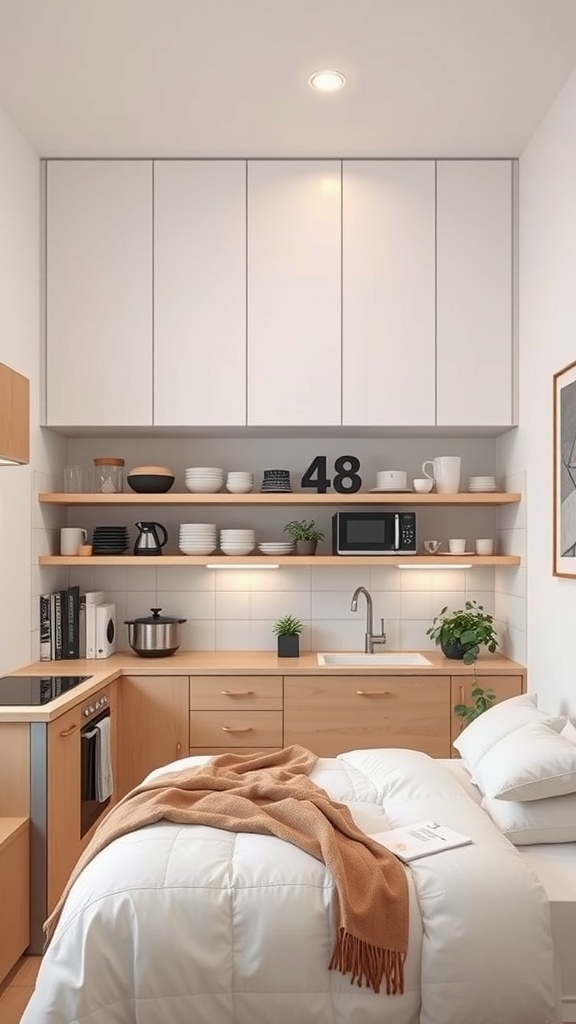 A modern apartment kitchen with upper cabinets, open shelving, and a cozy layout.