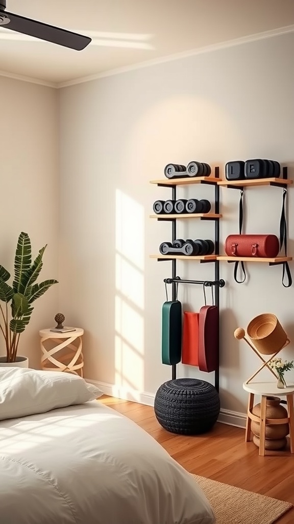 A cozy bedroom gym corner with weights on shelves, yoga mats on a rack, and a plant.