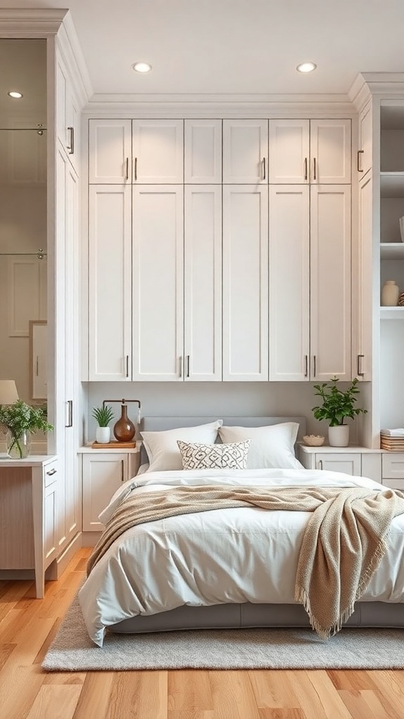 A modern kitchen featuring tall white cabinets, a cozy bed, and decorative plants.