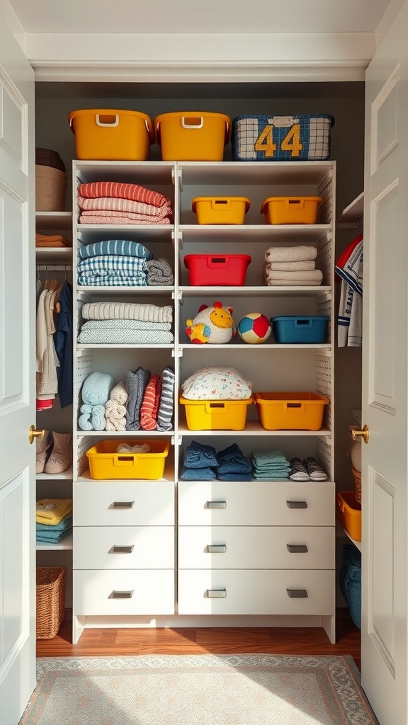 Organized toddler closet with shelves, yellow bins, and drawers