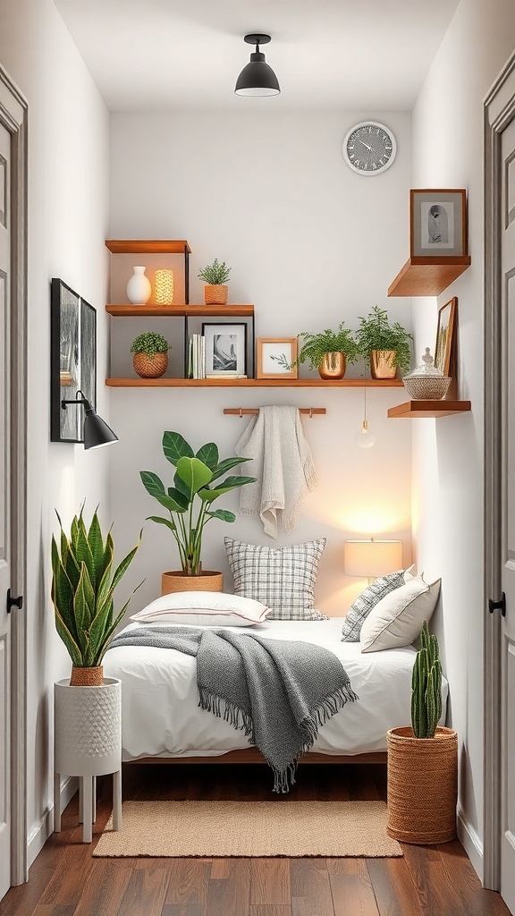 Cozy narrow entryway with vertical shelving, plants, and a small bed