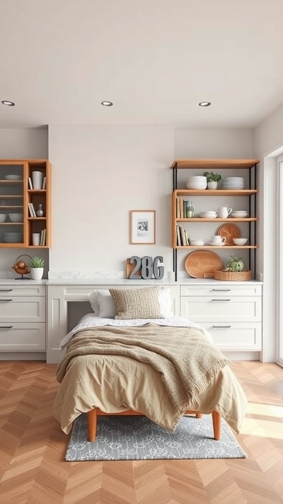 A cozy kitchen with wooden open shelving displaying dishes and decorative items.
