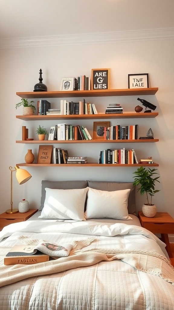 A cozy bedroom featuring a bed with white bedding and a wooden shelving unit above, displaying books and plants.