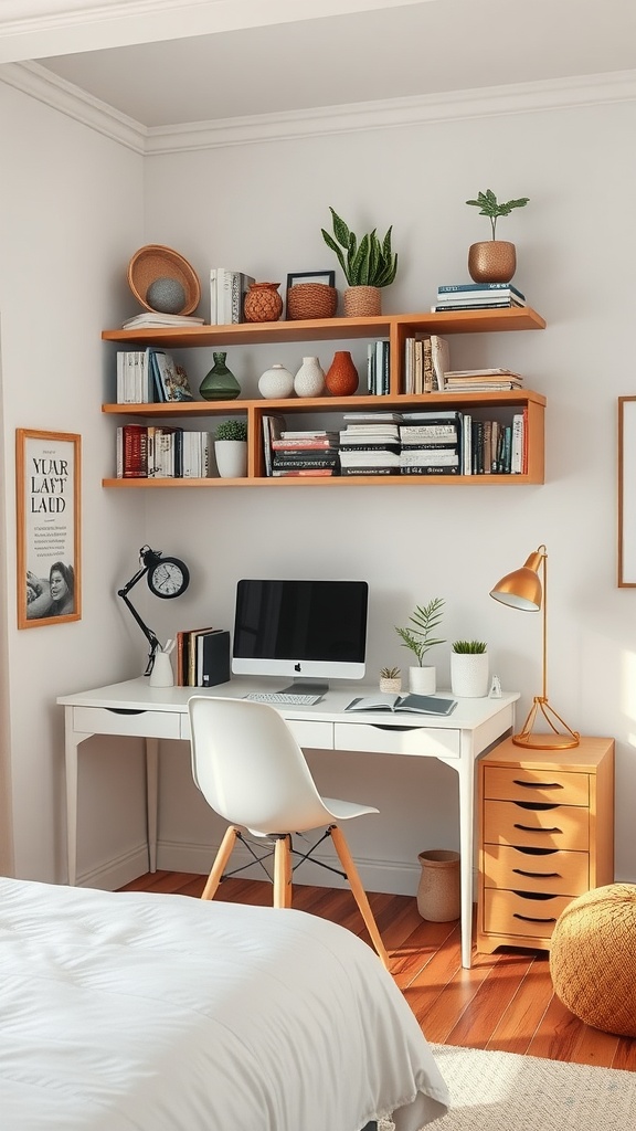 A cozy bedroom office setup featuring a white desk with a monitor, decorative shelving above, and warm wooden flooring.