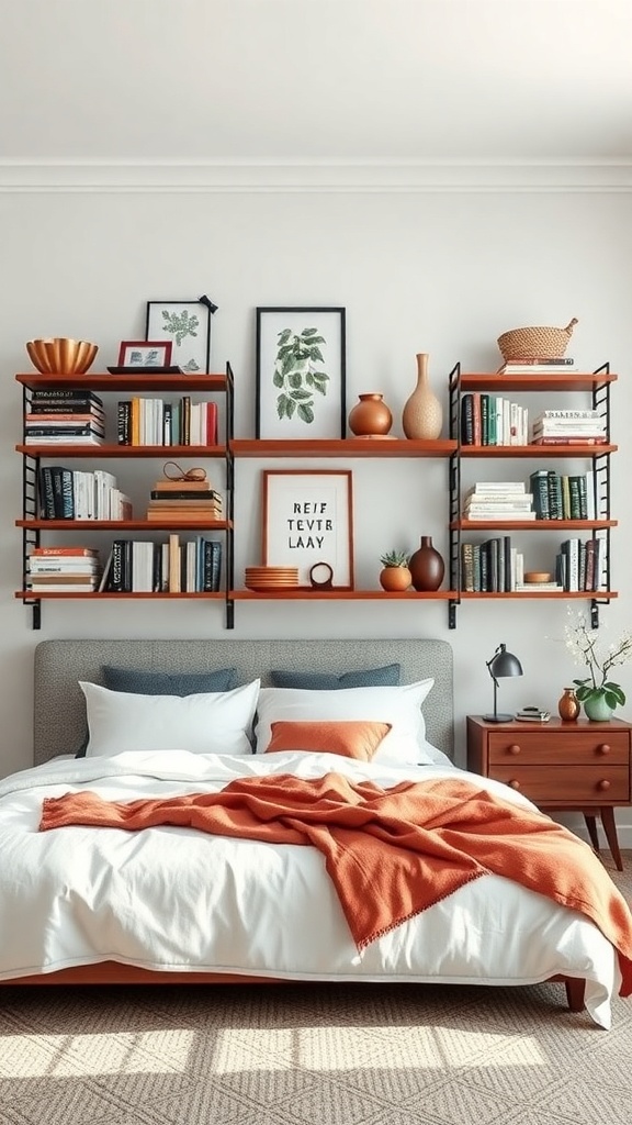 Stylish bedroom with a shelving unit displaying books and decorative items above a bed.
